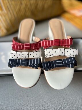 Copper Key White Slide Mules with Red, Navy & White Bow Straps